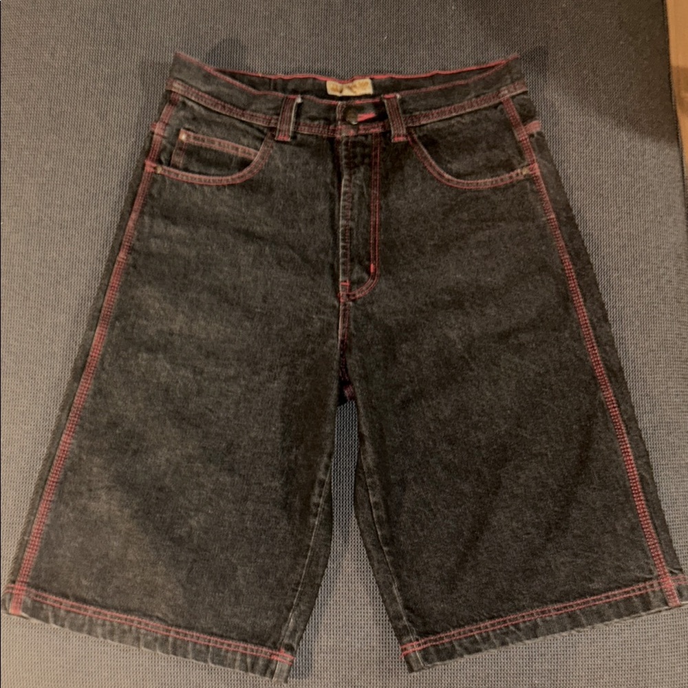Black Jean Shorts with Contrast Red Stitching